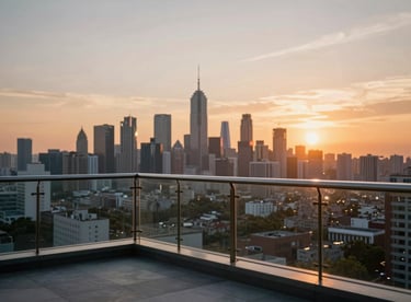 Elegant glass balcony enclosure overlooking a city skyline at sunset, professional photography.