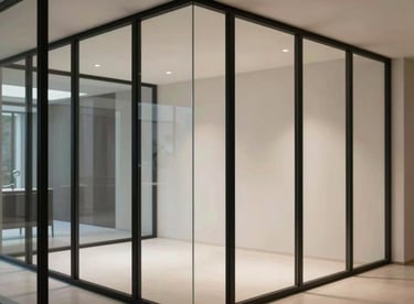 Modern interior showcasing a glass partition wall with minimalist black metal frames.