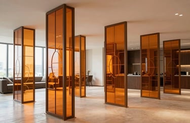 A wide shot of a luxury apartment with orange-tinted decorative glass partitions.