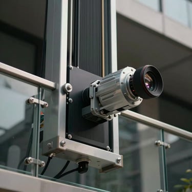 Technical detail of a guillotine glass balcony system showcasing the smooth motorized mechanism.