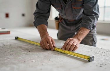 Close-up of a worker in professional construction attire measuring a basement renovation space, focusing on precision and craftsmanship, modern light grey aesthetic.