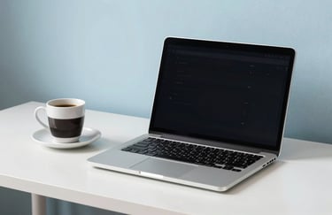 A minimalist desk setup with a laptop and coffee, a professional South American / Brazilian workspace, pale ice blue walls, professional and clean.