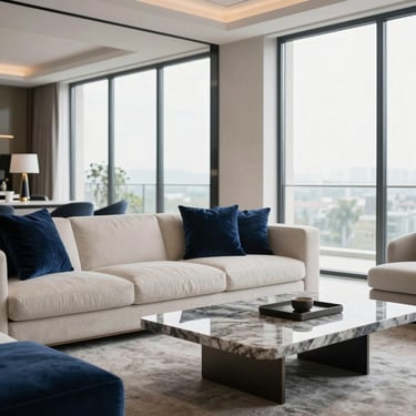 A photograph of a luxury living room featuring floor-to-ceiling windows, navy blue velvet cushions on a cream sofa, and a gray marble coffee table. Minimalist decor, bright natural light, luxury real estate style.
