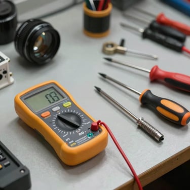 Still life of professional electrical tools, including a high-quality multimeter and insulated screwdrivers, on a clean workbench in a Canadian workshop.