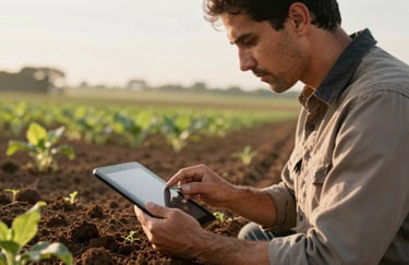 Close-up of a professional agronomist in practical field attire holding a digital tablet while inspecting soil quality in a Brazilian field, soft morning light, professional agricultural expertise.