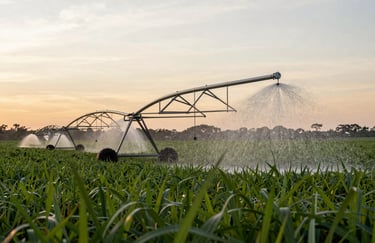 Modern sustainable irrigation system spraying water over a lush green field at sunset, South American Brazilian rural setting, capturing light and water movement, focus on growth and care.