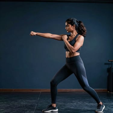 Action shot of a South Asian woman practicing self-defense techniques in a modern studio. She is wearing athletic gear, showing focus and power. The lighting is dramatic, highlighting her form against a dark blue wall.