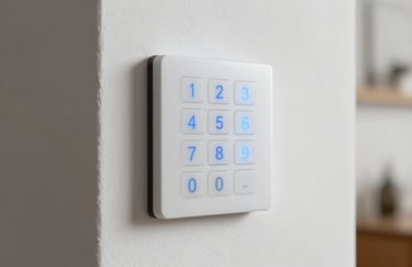 Close-up of a sleek, minimalist alarm keypad with blue glowing numbers installed on a clean white wall in a modern Spanish residence.