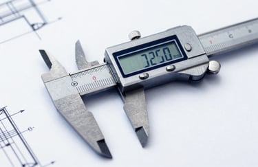 A high-precision digital caliper resting on a technical drawing, emphasizing engineering excellence, featuring deep blue shadows #1A2C3D and crisp white highlights #F8F8F4.