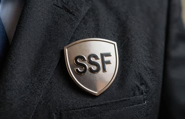 A sharp, close-up photograph of a metallic security badge featuring the SSF initials, pinned to a dark gray professional textile background with dramatic low-key lighting.