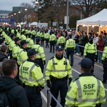 A professional security professional in a dark suit standing watch in a sunlit, modern North American corporate atrium with glass walls.