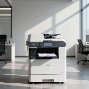 A sleek, modern standing multifunctional printer in a minimalist office hallway with sunlight, reflecting a sense of efficiency and trust.