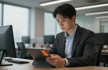 A focused professional in professional attire using a tablet with glowing orange interface elements in a sleek North American / US office.