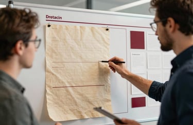 A team of professionals in a North American / US creative office collaborating on a marketing strategy board with Crisp Parchment and Deep Ripe Crimson visual elements.