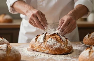 Close-up of a baker's hands in a North American / US artisanal bakery, dusting flour over a fresh loaf of bread with a soft, warm glow.