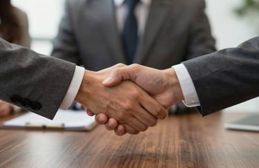 A close-up of two business professionals shaking hands over a mahogany desk, representing a successful partnership. Tones of #1A322C are prominent.