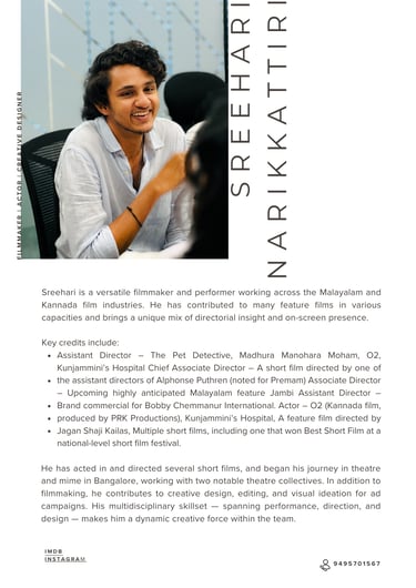 Professional profile of filmmaker and actor Sreehari Narikkattiri showcasing his career portfolio and film credits.