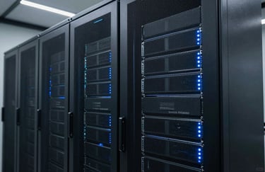 A sleek server rack in a modern South American data center, illuminated with subtle blue lights, symbolizing reliability and the backbone of custom software.