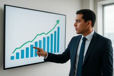 An professional analyst pointing at a digital screen showing positive financial growth. South American / Brazilian business context, clean white lighting, crisp details.