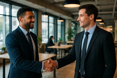 Two business partners shaking hands in a modern Brazilian coworking space. Professional attire, trustworthy expression, bright and dynamic photography style.