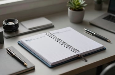 A clean, organized workspace in a North American / International home office featuring a steel blue grey planner and minimalist stationery.