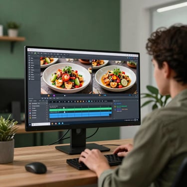 A sophisticated office space in North America where a professional is editing vibrant food videos on a large monitor, with matte forest green accents in the decor.
