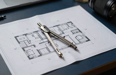 Professional photography of detailed architectural blueprints spread across a dark navy desk with a silver drafting compass. Lighting is sharp and focused.