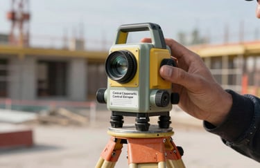 A close-up of a construction surveyor using a professional laser level on a building site in Central Europe. Technical precision theme.