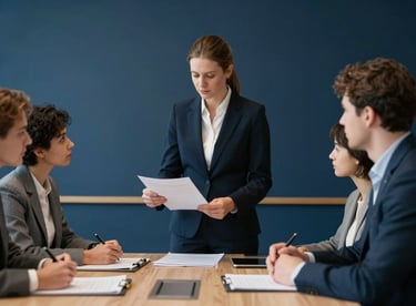 A professional auditor reviewing documents with a team in a minimalist meeting room with deep navy blue accents.