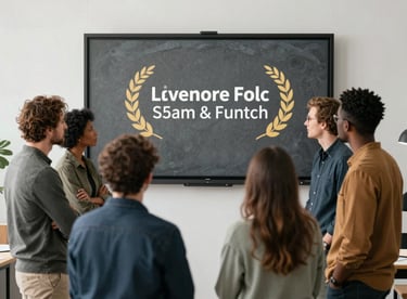 A group of diverse professionals in a workshop setting, gathered around a large slate grey screen in a clean, modern room.