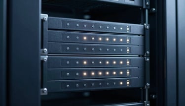 A high-tech data center with rows of servers and soft blue ambient lighting, conveying security and data integrity.