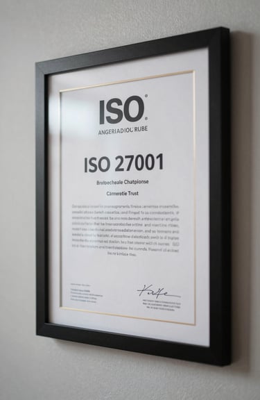 A close-up of a physical ISO 27001 certificate in a frame on a pale silver wall, emphasizing achievement and trust.