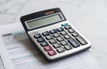 Iconographic photo of a calculator and tax forms on a clean marble desk. Professional lighting with deep shadows in #1A2F3D.