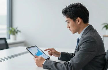 A professional consultant in a minimalist office, looking at a digital tablet showing growth charts, lighting in #0F172A and #3B82F6 tones.