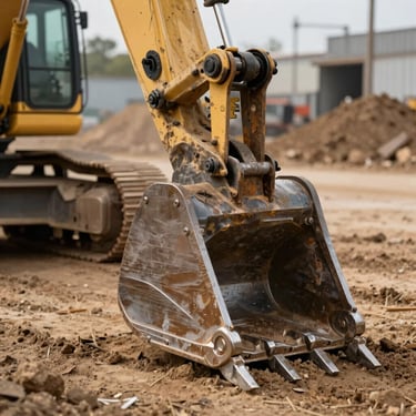 Close-up of a heavy-duty excavator bucket with steel teeth resting on dirt, industrial site background, professional photography.
