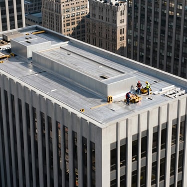 A modern commercial flat roof installation on a Manhattan skyscraper, showing clean architectural lines and professional contractors in the distance.