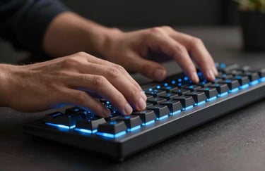 Close-up of hands typing on a premium mechanical keyboard with customizable blue backlighting in a dark, professional workspace in North America.