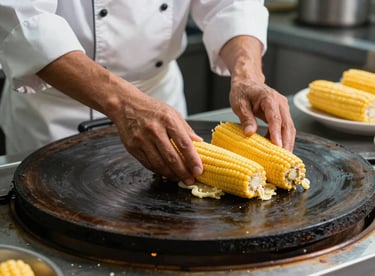 Chef's hands expertly pressing fresh corn masa onto a hot comal griddle, authentic culinary tradition in a modern setting.