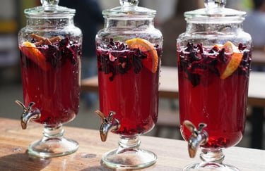 Artisanal glass dispensers filled with vibrant Hibiscus and Horchata waters, garnished with cinnamon and fruit, outdoor sunlight.
