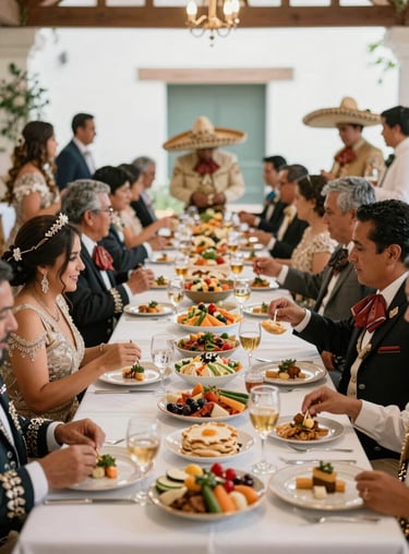 A lively and elegant North American / Mexican wedding reception with guests enjoying traditional Mexican food at long tables.