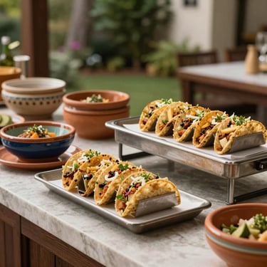 A premium taco buffet station featuring elegant heating trays and handmade ceramic bowls in a sophisticated North American / Mexican garden.