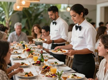 Professional catering staff in clean uniforms serving guests at a high-end Mexican-themed birthday party.