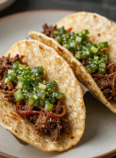 Macro shot of three gourmet tacos with carnitas and fresh green salsa on thick handmade corn tortillas.