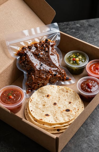 A beautifully presented delivery box containing vacuum-sealed Mexican guisados, fresh tortillas, and various salsas in small containers.