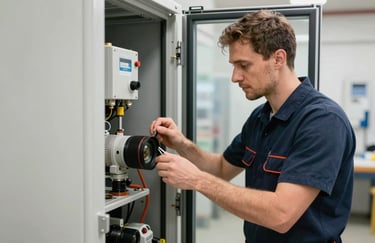 A professional service technician in a clean corporate uniform performing maintenance on a commercial refrigeration unit. Sharp focus on the technician's hands and the machine's components. Central European / Czech context.