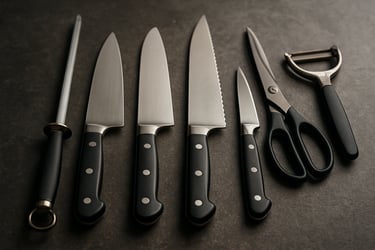 Close-up of professional chef knives and essential culinary tools arranged neatly on a dark stone countertop. The lighting is crisp, highlighting the sharp edges and metallic textures. Central European kitchen setting.