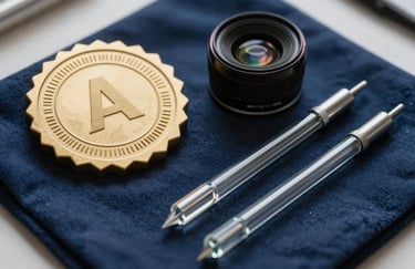 A sharp, detailed photograph of a professional certification seal and a set of high-quality glass repair tools arranged neatly on a dark blue cloth. The lighting is bright and clear, emphasizing professionalism and precision.