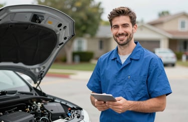 A portrait-style photograph of a friendly professional technician in a clean slate blue uniform, smiling and nodding while standing next to a serviced vehicle in a North American suburban setting. The mood is helpful and trustworthy.