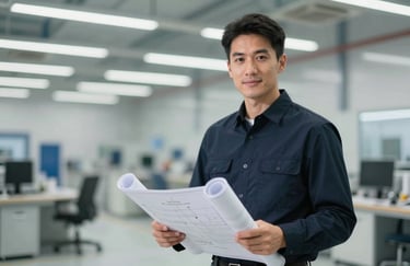 A portrait of a confident electrical engineer holding a set of rolled blueprints, standing in a brightly lit modern facility, wearing dark navy professional attire.