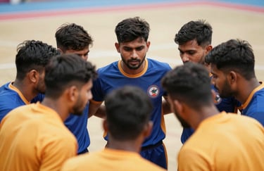 A close-up of a Kabaddi team huddle, showing the camaraderie and focus of the players before a big match. Team colors #1A3C8F and #E8420A are prominent.